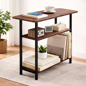 Rustic Industrial 3-Tier Side Table: Narrow Wood Metal Bedside Storage Furniture