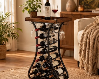 Freestanding Wine Rack Bar Table with Glass Holder