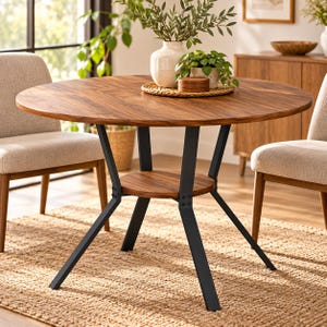 43 Inch Round Dining Table for 4, Walnut Farmhouse Kitchen Table with Storage Shelf