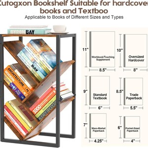 Puede incluir: Una estanter&iacute;a marr&oacute;n y negra con estantes en &aacute;ngulo, que contiene varios libros. El texto en la parte superior dice "Cutogxon Bookshelf Suitable for hardcover books and Textboo." Tambi&eacute;n se muestran las dimensiones de diferentes tama&ntilde;os de libros, incluidos cuadernos de 28 cm y libros de bolsillo de 15 cm.
