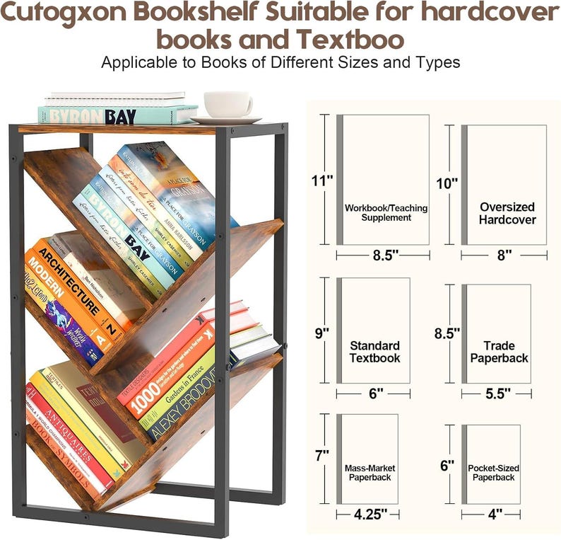 Puede incluir: Una estanter&iacute;a marr&oacute;n y negra con estantes en &aacute;ngulo, que contiene varios libros. El texto en la parte superior dice "Cutogxon Bookshelf Suitable for hardcover books and Textboo." Tambi&eacute;n se muestran las dimensiones de diferentes tama&ntilde;os de libros, incluidos cuadernos de 28 cm y libros de bolsillo de 15 cm.