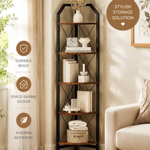 May include: A five-tier corner shelf unit featuring a black metal frame with an X-shaped support design and dark brown wooden shelves. The unit displays various decorative items including books, a white vase, and a round woven storage box.