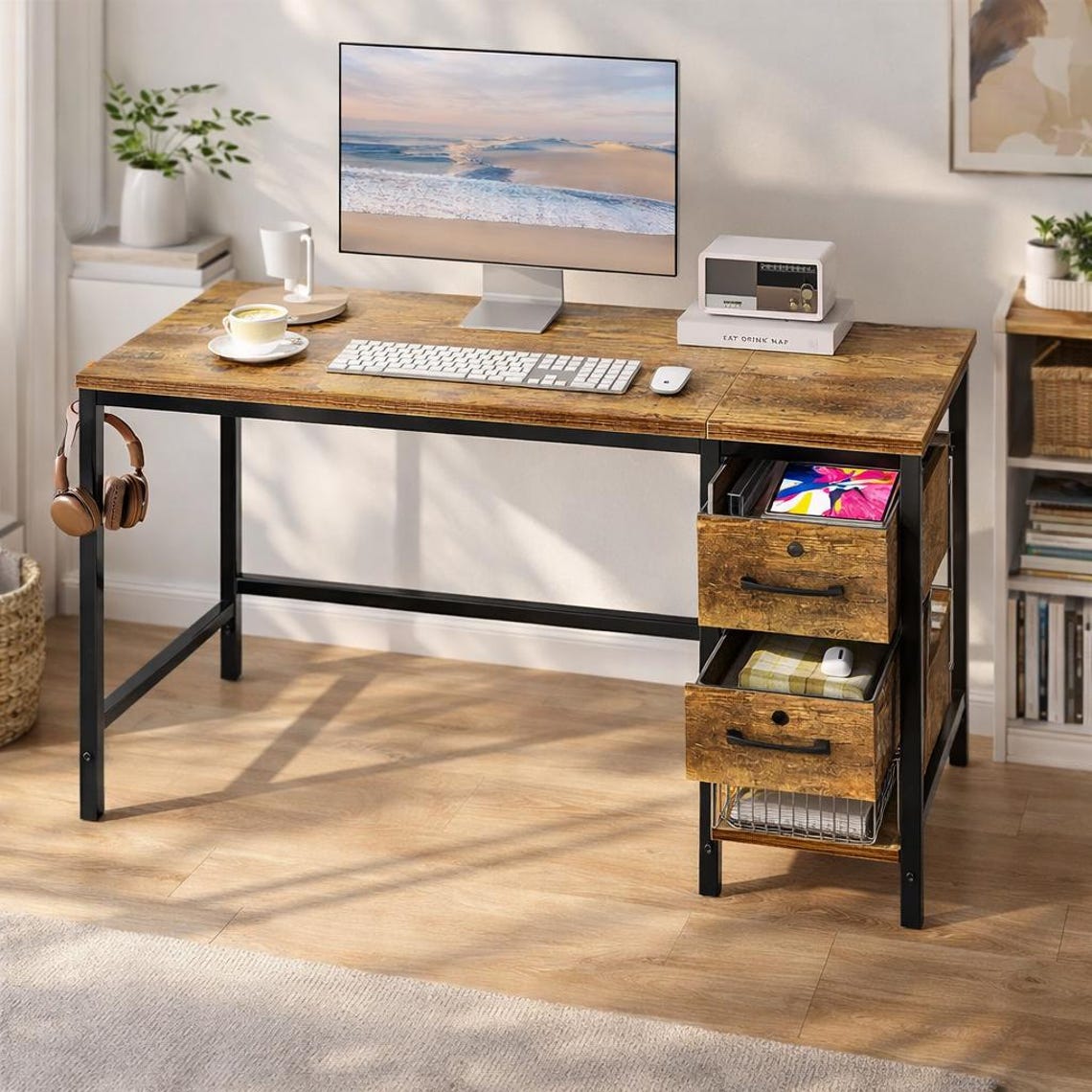 Modern 40-inch Computer Desk, Light Brown Wood, Home Office With ...