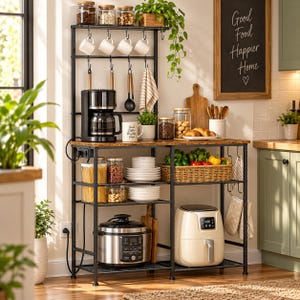 May include: A black metal kitchen baker's rack with a wooden countertop, featuring multiple shelves, hooks for mugs and utensils, a coffee maker, an air fryer, a multi-cooker, glass storage jars, white plates, and a woven basket with vegetables.