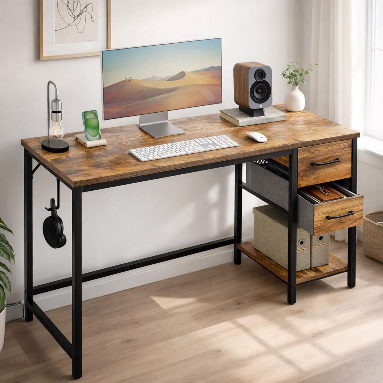 Modern 40-inch Computer Desk, Light Brown Wood, Home Office With ...