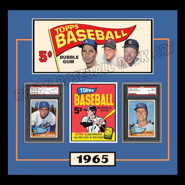 1965 Topps Baseball Cards, Digital Print-Sports Memorabilia Los Angeles Dodgers Sandy Koufax, Don Drysdale PSA Graded Cards Vintage Wall Art