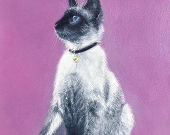 Black and White Cat Painting on Purple Background, Acrylic Cat Portrait, Contemporary Figurative Art, Square Wall Art