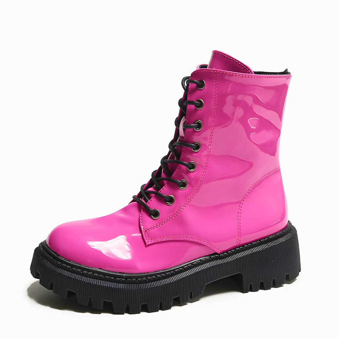 Vibrant Hot Pink Vegan Combat Boots Lace up Fuchsia Punk Etsy