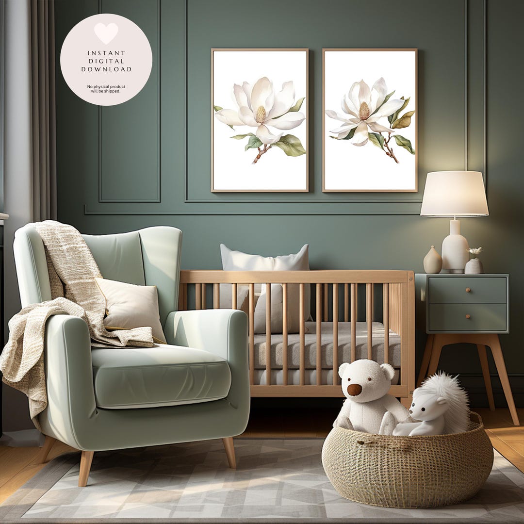 Set of 2 White Magnolia Floral Prints | Floral Wall Art | Baby Nursery ...