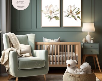 Set of 2 White Magnolia Floral Prints | Floral Wall Art | Baby Nursery Wall Decor | Printable Wall Art