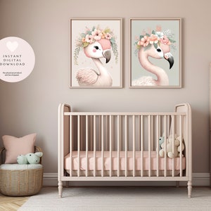 Boho Floral Flamingo Printable Wall Art for Baby Nursery, Flamingo Child&#39;s Room Wall Decor