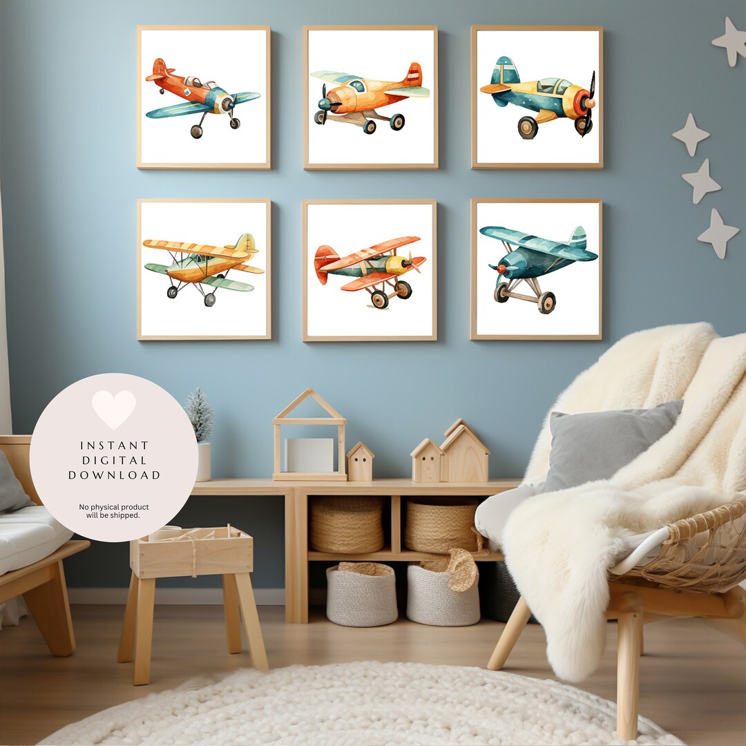 Set of 6 Printable Watercolor Vintage Airplane Digital Wall Art for ...