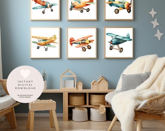 Set of 6 Printable Watercolor Vintage Airplane Digital Wall Art for Baby Nursery or Child's Room