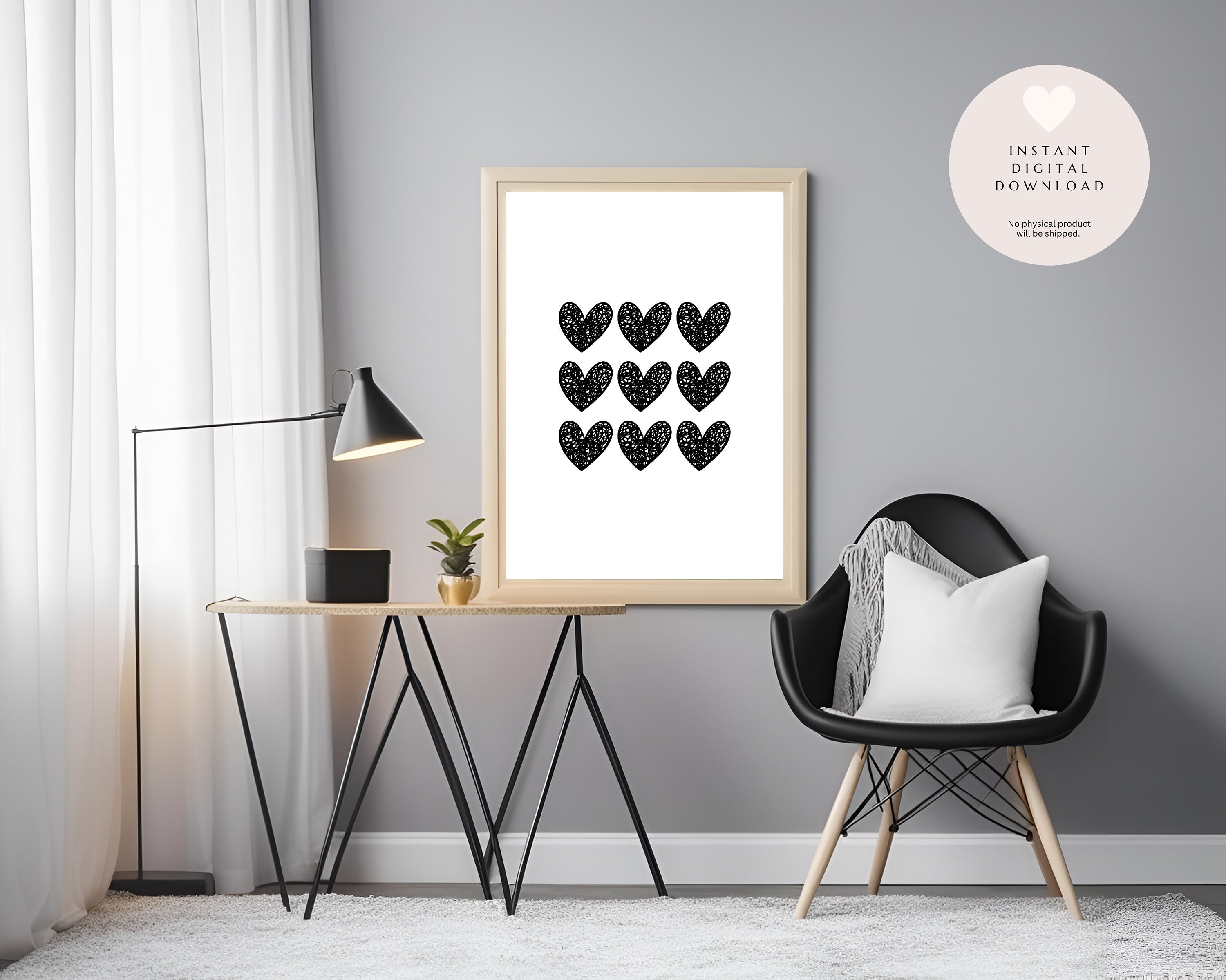 Playful and Modern Black and White Heart-themed Printable Wall Art for ...