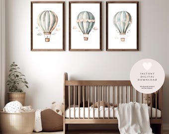 Set of 3 Vintage Hot Air Balloon Prints | Printable Wall Art | Baby Nursery Wall Art