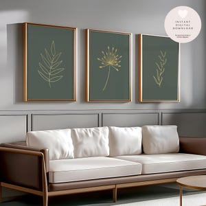 Green and Gold Leaf Themed Line Art Prints | Set of 3 Printable Files | Modern Wall Art