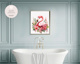 Floral Watercolor Flamingo Printable Wall Art, Flamingo-Themed Nursery Wall Art Decor