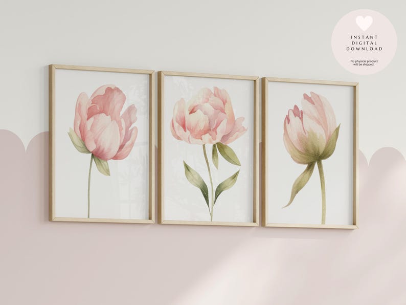 Set of 3 Beautiful Pale Pink Peony Flower Prints | Printable Watercolor ...