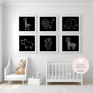 Black & White Line Art Animals Nursery Decor | Animal Themed Baby Room Decor | Printable Art | Set of 6