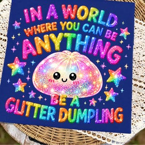 Può includere: Un quadrato blu navy con la scritta "IN A WORLD WHERE YOU CAN BE ANYTHING BE A GLITTER DUMPLING" in lettere glitter arcobaleno. Un raviolo glitterato con una faccia sorridente è al centro, circondato da stelle arcobaleno.