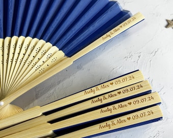 Personalized Royal Blue Silk Wedding Fan with Bag: Engraved Bridal Favor