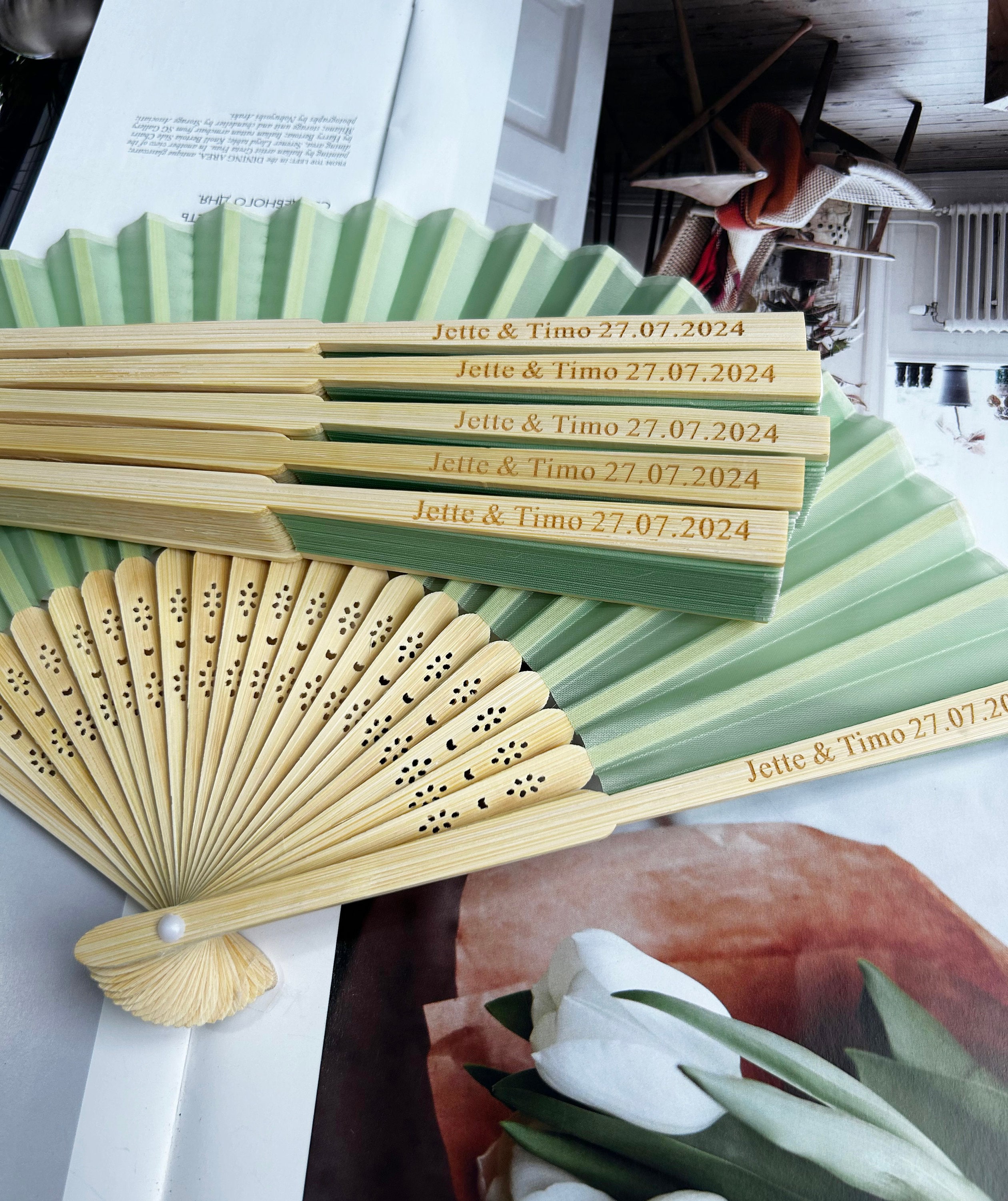Personalized Green Silk Wedding Fan: Engraved Bridal Party Favor