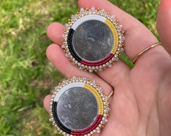 Large Medicine Wheel Mirror Beaded Earrings