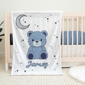 Teddy Bear Blanket Custom Baby Boy Blanket Nursery Baby Stroller Blanket Personalized Name Blue Blanket Soft Cozy Minky Blanket