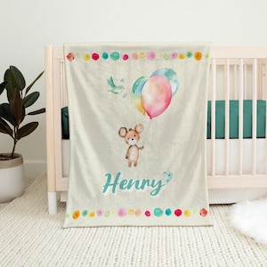 Newborn Baby Shower Gift Custom Blanket Boho Balloons Nursery Baby Stroller Blanket Personalized Name Soft Cozy Snuggle Teddy Bear Blanket