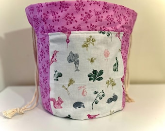 Partly Upcycled Handmade Craft Bag – Drawstring Organizer – Garden Friends