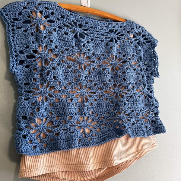 Handmade Blue Lace Flower Design Crochet Crop Top - Boho Cover Up