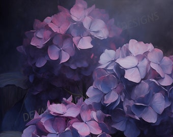 Dark Moody Antique Botanical Art, Hydrangea Painting, Vintage Flower Print, PRINTABLE