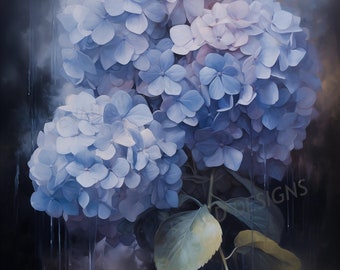 Vintage Flower Print, Dark Moody Antique Botanical Art, Hydrangea Painting, PRINTABLE