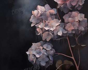 Hydrangea Painting, Dark Moody Antique Botanical Art, Vintage Flower Print, PRINTABLE