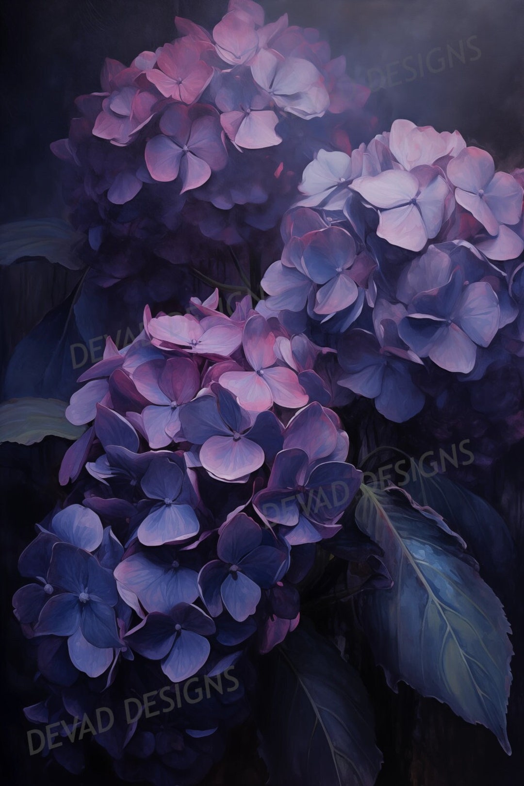 Dark Moody Antique Botanical Art, Hydrangea Painting, Vintage Flower ...