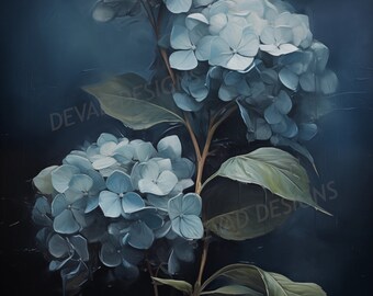 PRINTABLE Vintage Flower Print, Dark Moody Antique Botanical Art, Hydrangea Painting