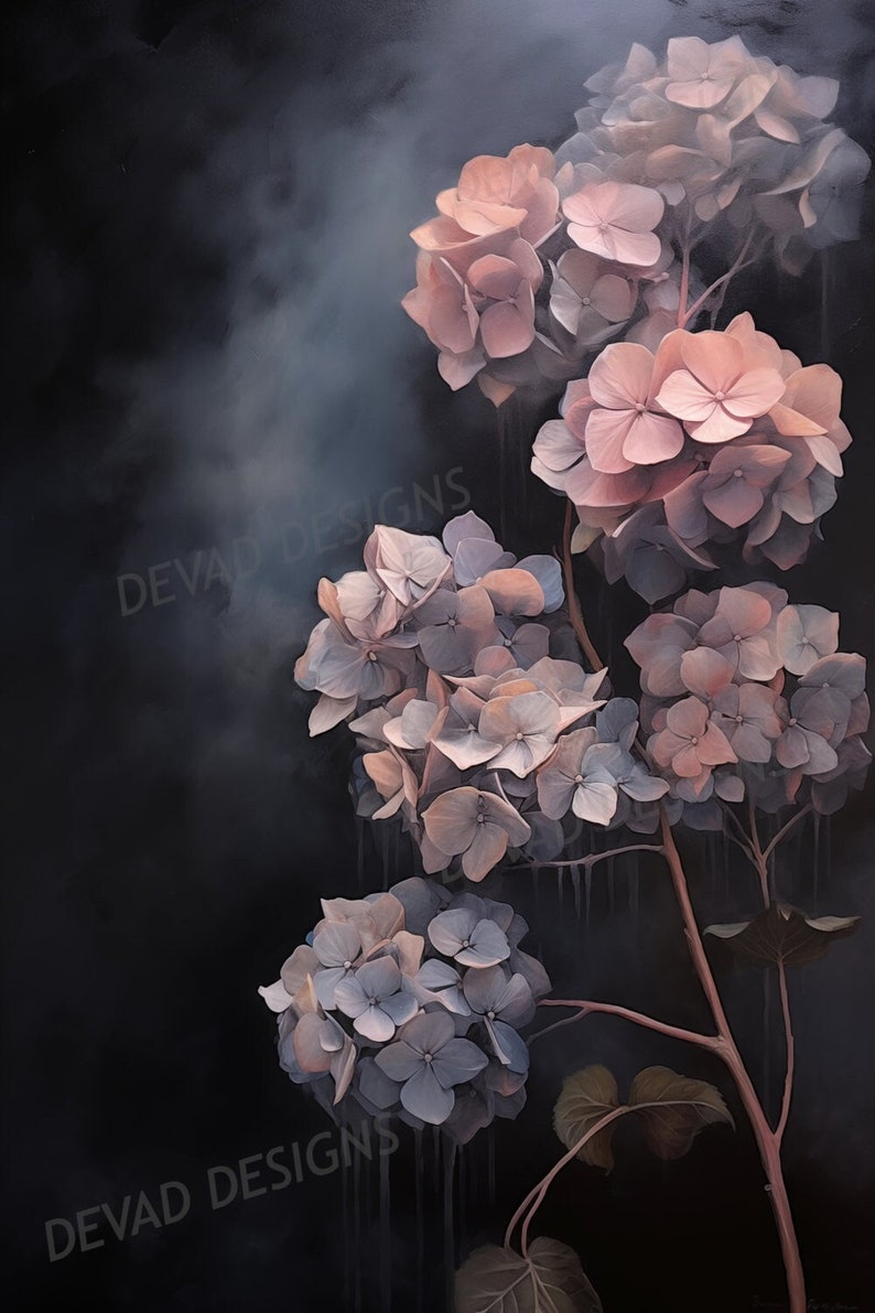 Hydrangea Painting, Dark Moody Antique Botanical Art, Vintage Flower ...