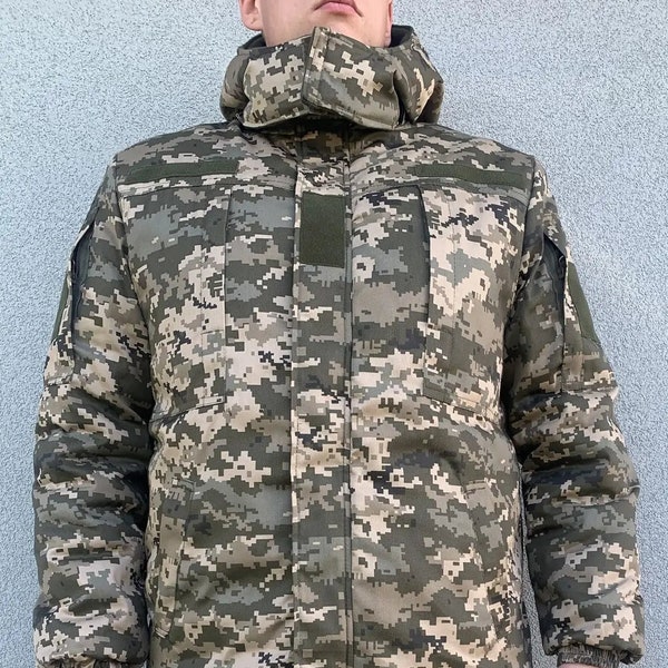 Military camouflage pea coat Military Ukrainian Armed Forces color Pixel Ukraine Uniform Clothes Army Style Winter combat jacket with hood