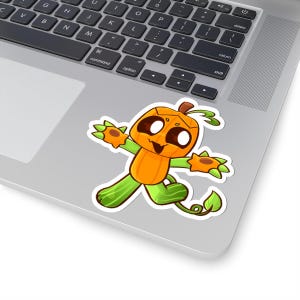 Könnte beinhalten: Ein lebendiger Aufkleber mit einer Cartoon-Kürbis-Figur mit einem aufgeregten Gesichtsausdruck. Der Kürbis hat einen orangefarbenen Körper, grüne Beine und Arme mit blattartigen Händen. Der Aufkleber befindet sich auf einem Laptop.