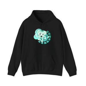 May include: Black hooded sweatshirt with a teal green graphic of a cartoon character with a clock face and a cloud behind it.