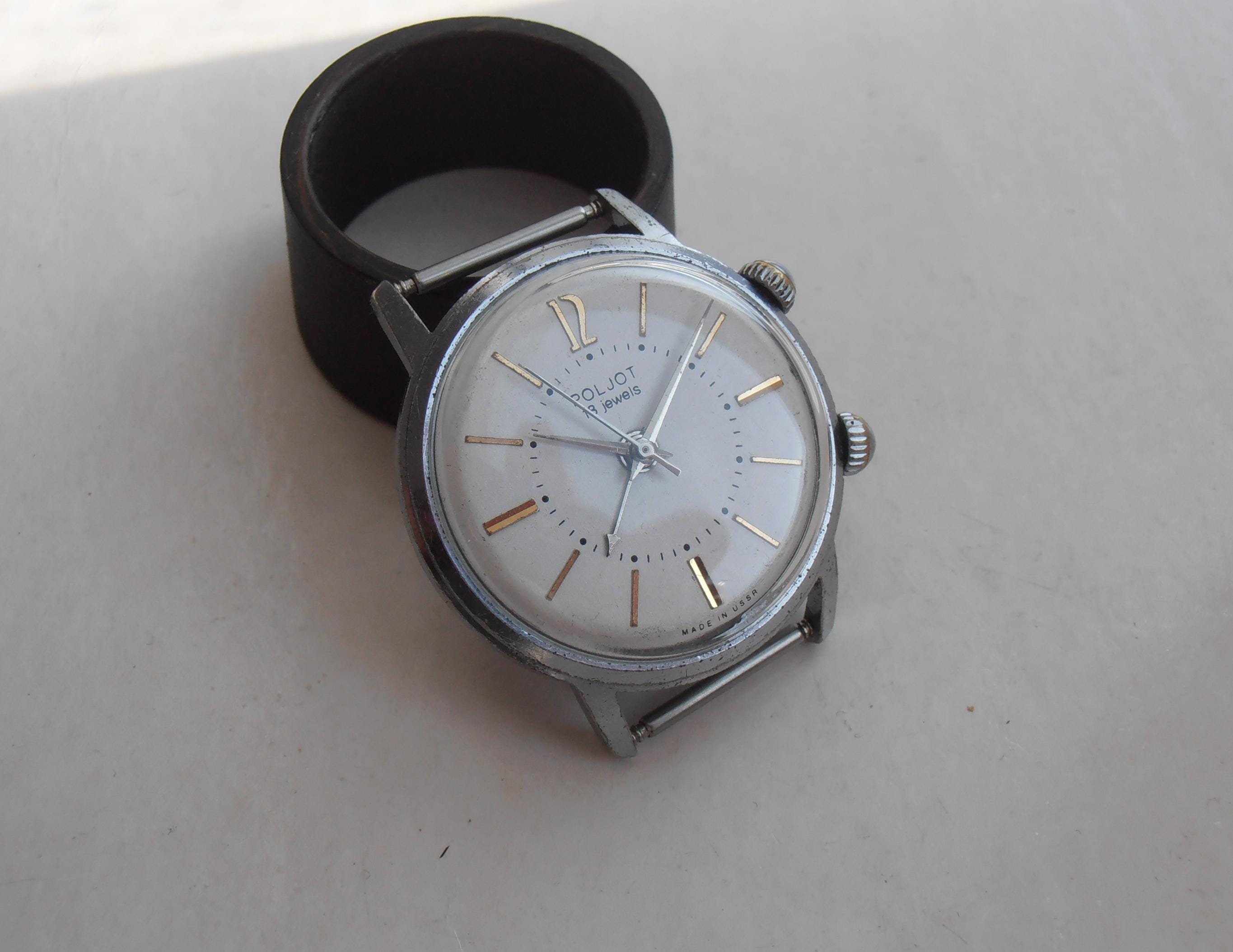 Montre Bracelet Mécanique Poljot Signal 2612, Style Tonneau, Boîtier Acier Inoxydable, Cadran Blanc, Bracelet Cuir Rouge - Pour Femme