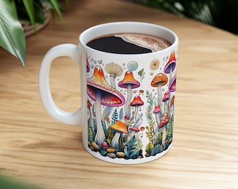Taza de cerámica de 355 ml con diseño de setas caprichosas, pintada a mano.