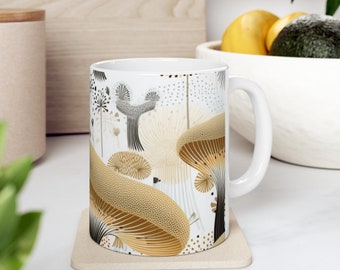 Taza de cerámica con diseño de seta pintada a mano en dorado y negro, decoración elegante para la cocina.