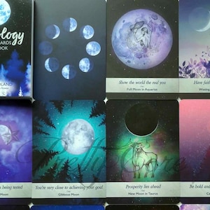 Puede incluir: Un juego de cartas de oráculo con ilustraciones de acuarela de la luna en diferentes fases. Las cartas presentan texto con las fases de la luna y los signos astrológicos. Las cartas forman parte de una baraja llamada "Moonology Oracle Cards".