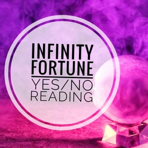 Puede incluir: Un fondo morado y rosa con una bola de cristal y un círculo blanco con el texto "INFINITY FORTUNE YES/NO READING".