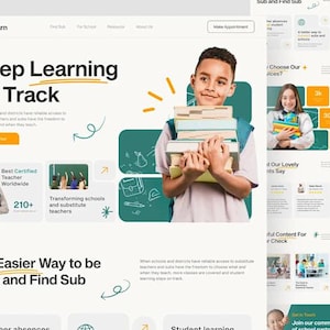 May include: A website design for EduLearn, featuring a young person holding books, and the text "Keep Learning on Track." The site promotes teacher resources and substitute services, with additional graphics and text.