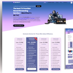 Puede incluir: Captura de pantalla del sitio web de MaxViewTV, un servicio de transmisión que ofrece una variedad de canales de televisión internacionales, películas y series. El sitio web presenta una tabla de precios con cuatro planes de suscripción diferentes: 1 mes, 12 meses, 3 meses y 6 meses. Cada plan incluye acceso a más de 31.000 canales en vivo y más de 130.000 películas y series. El sitio web también presenta una llamada a la acción para ordenar su paquete.