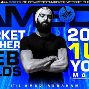 May include: A blue graphic with the text "VAMED MARKET CRUSHER WEB BUILDS 2025 1 UP YOUR MARKET." A man with a beard and a white headband is in the center. The text "IT'S AMED ABRAHAM" is at the bottom.