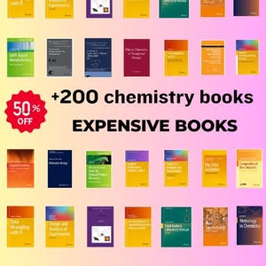 Könnte beinhalten: Eine Sammlung von Chemiebüchern mit farbigen Einbänden. Der Text "+200 chemistry books" und "EXPENSIVE BOOKS" ist zu sehen. Ein roter Kreis mit "50% OFF" ist ebenfalls vorhanden.