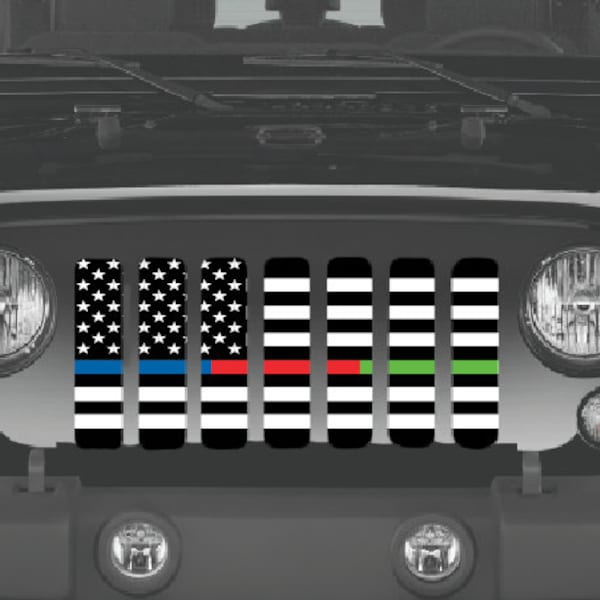 Black and White American Flag Back The Blue Green & Red Grille Insert for Wrangler or Gladiator 1976-2023 Cj Yj Tj Lj Jk Jku Jl Jlu Jt